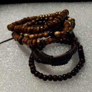 Bohemian Wooden Beaded and leather Bracelets Set